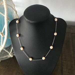 Jewelmak Freshwater Pearl 925 Sterling Silver Station Necklace Light Pink